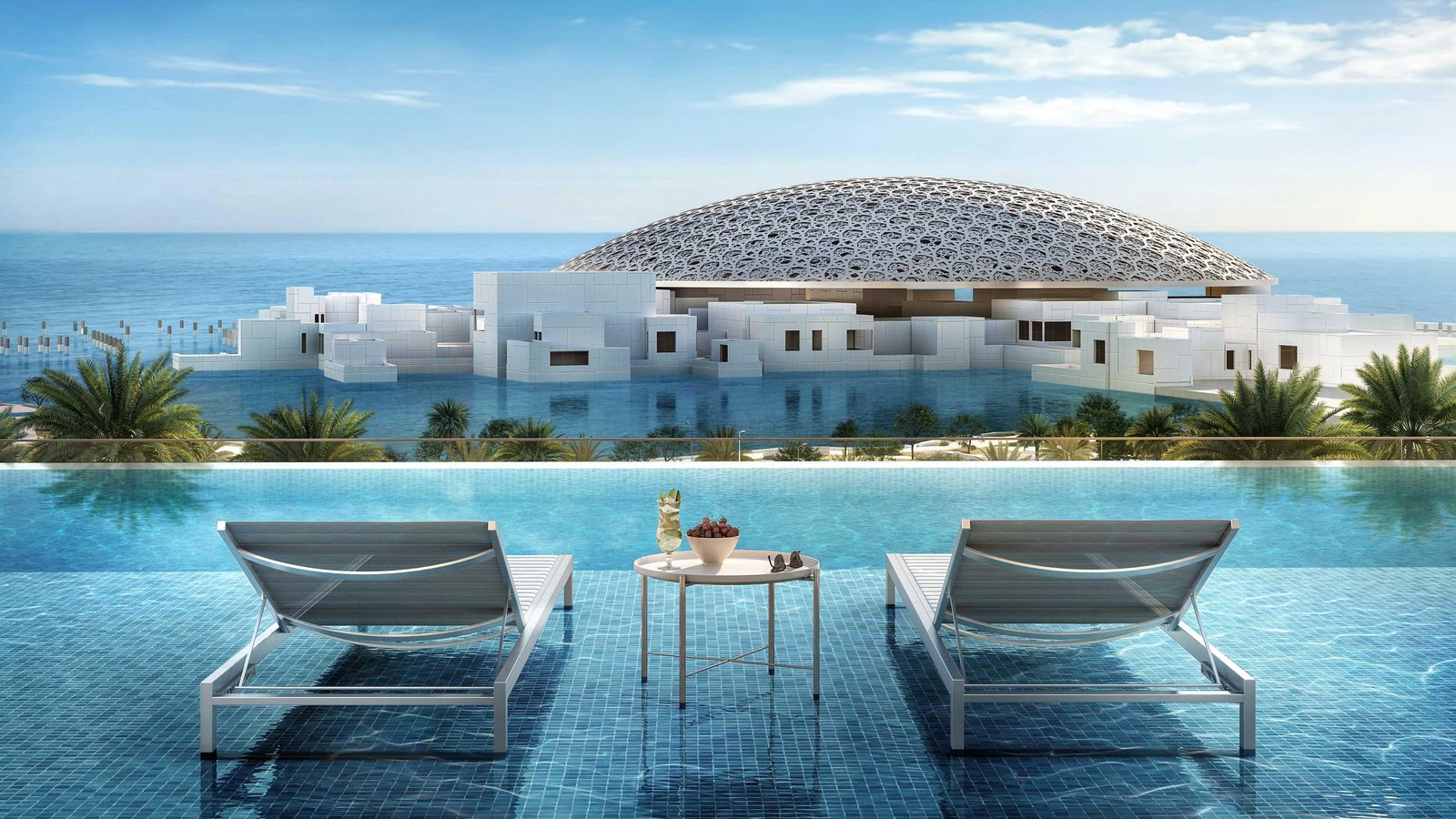 Stunning architecture of Louvre Abu Dhabi Residences nestled in Saadiyat Island Cultural District